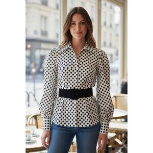 DESIGNER GREYSON BLACK/WHITE POLKA DOTS LONG SLEEVES PEPLUM BUTTON DOWN BLOUSE M